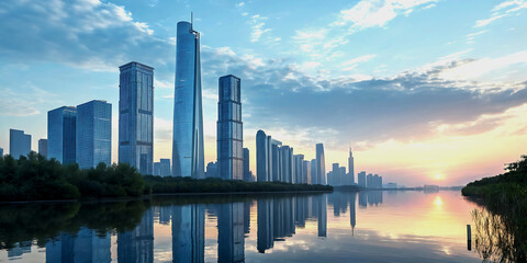 Futuristic Smart City with Transparent Skyscrapers and Digital Reflections