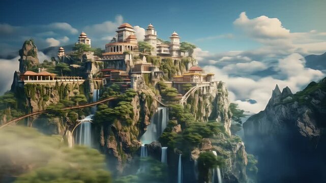 Floating mountain city in sunrise haze with ancient temples