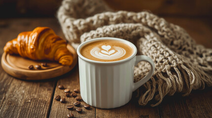 A freshly brewed hot café latte in a classic ceramic mug, placed on a rustic wooden table with steam gently rising. Surroundings include a croissant, coffee beans, and a cozy knit scarf. Warm, natural