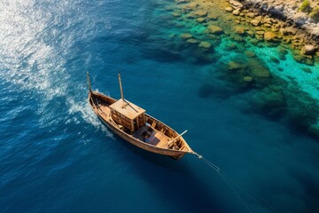 Fototapeta premium Traditional wooden fishing boat sailing on a beautiful turquoise sea near a rocky coast
