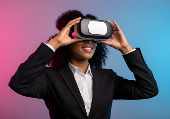 A woman wearing a black suit and a white shirt is smiling while wearing a virtual reality headset. Concept of excitement and anticipation as the woman prepares to enter a virtual world