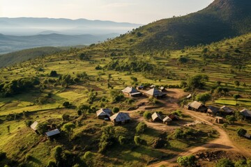 Golden sunlight illuminates a picturesque ethiopian village nestled amidst rolling hills, showcasing the beauty of rural life in africa