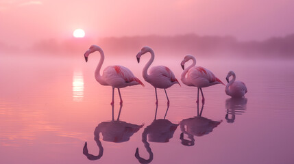 Three pink flamingos stand in calm water at sunrise with reflections