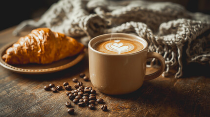 A freshly brewed hot café latte in a classic ceramic mug, placed on a rustic wooden table with steam gently rising. Surroundings include a croissant, coffee beans, and a cozy knit scarf. Warm, natural