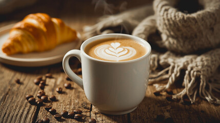 A freshly brewed hot café latte in a classic ceramic mug, placed on a rustic wooden table with steam gently rising. Surroundings include a croissant, coffee beans, and a cozy knit scarf. Warm, natural