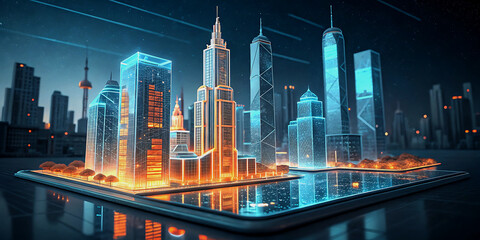 Futuristic Smart City with Transparent Skyscrapers and Digital Reflections