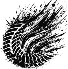  High-contrast black ink strokes and tire tread design in abstract expressionism style, featuring dynamic movement and energy