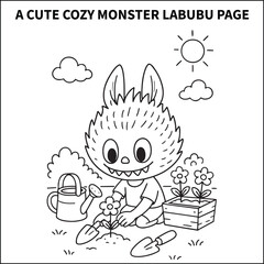 A cute, cozy monster is planting flowers on a sunny day—bold and easy coloring pages for kids, teens, and adults.