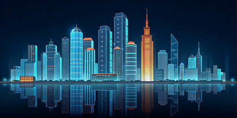 Futuristic Smart City with Transparent Skyscrapers and Digital Reflections