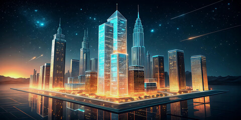 Futuristic Smart City with Transparent Skyscrapers and Digital Reflections