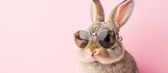 Easter bunny with pink bow sitting happily in spring illustration