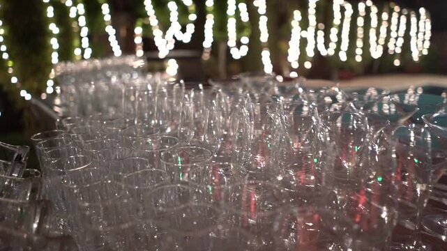 Elegant Wedding Bar Counter with Glasses and Bokeh Lights, Stable Shot