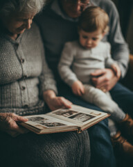 Family looks happy, reminiscing over old photographs in vintage album