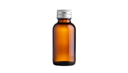 Amber glass bottle with metal cap isolated on solid white background in Png
