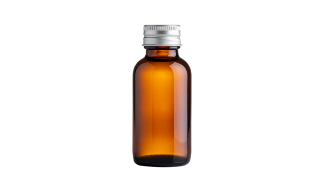 Amber glass bottle with metal cap isolated on solid white background in Png