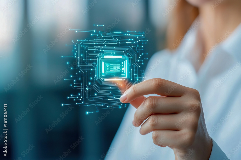 Poster innovative technology concept with hand interacting with digital circuit board, symbolizing advanced
