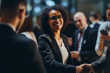 Businesswoman shaking hands and making connections at a corporate event, demonstrating successful networking and collaboration