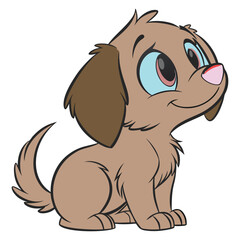 Cute cartoon-style puppy in full-color vector art, sitting happily with a pink tongue out and big expressive eyes, brown fur with darker ears, black tail, and wearing a red collar with a star-shaped 