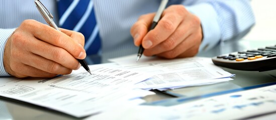 Businessman analyzing financial report with pen and documents on office desk