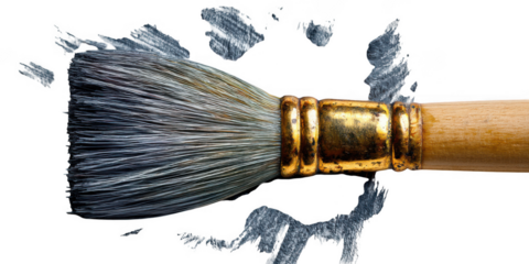 A paintbrush with grey paint strokes isolated on transparent background