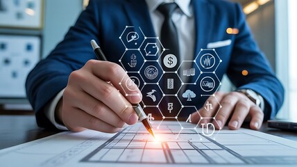 Business professional analyzing data with digital interface