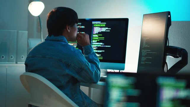 Software developer debugging code identifying issue programming application system development process tech interface