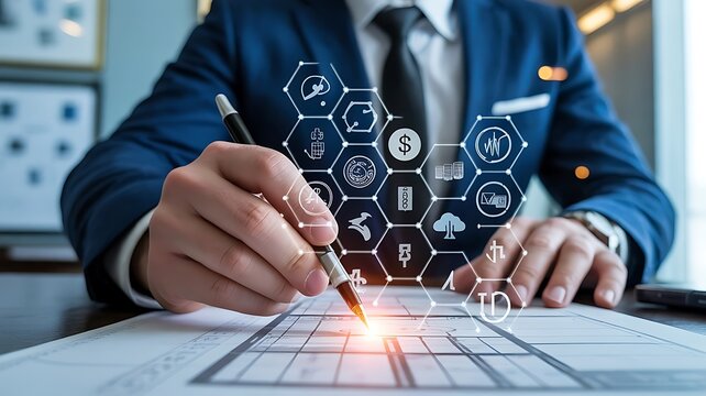 Business professional analyzing data with digital interface