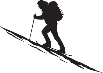 Silhouette of a hiker skiing downhill in a snow covered mountain landscape