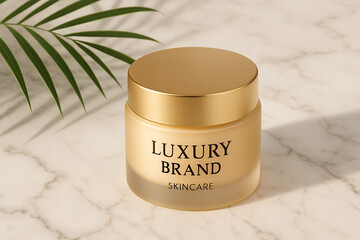 Luxury skincare product on white marble with soft shadows and palm leaf