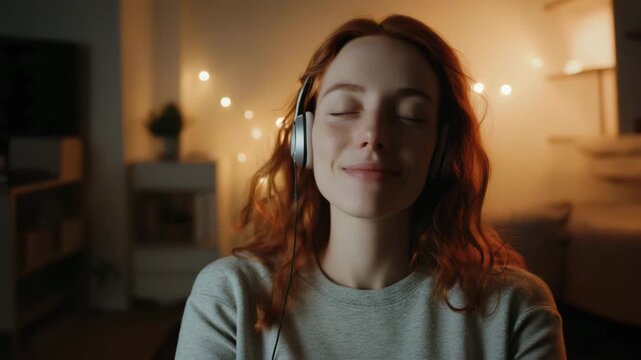 Young woman red hair headphones music closed eyes smile peaceful cozy room warm light ambient light enjoying calm happiness relaxed atmosphere soft lighting blurred background