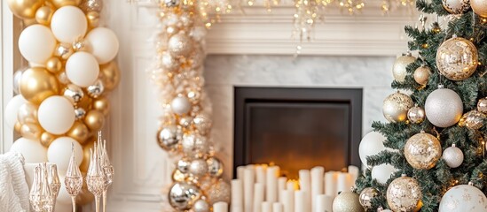 Christmas tree placed in front of a burning fireplace in a cozy decorated living room