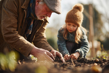 Grandfather shows his granddaughter how to plant, they look happy together