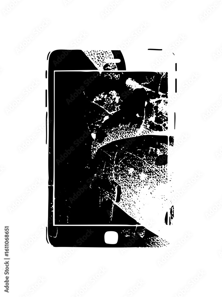 Poster Vector Broken smartphone screen with distorted face reflection.