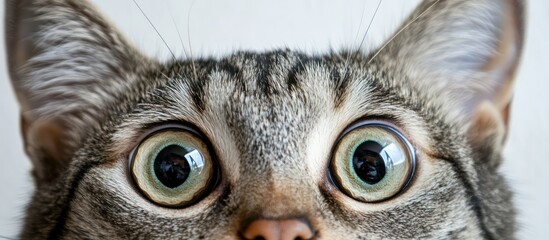 Close up portrait of a cute grey tabby cat with green eyes