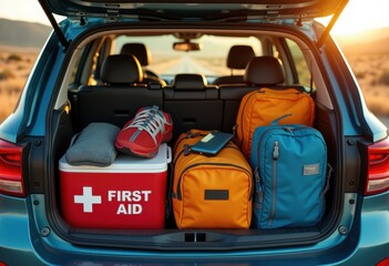 adventurous road trip essentials organized car trunk perfect travel enthusiasts explorers, bags, supplies, compass, backpack, blanket, cooler, food, drinks, kit