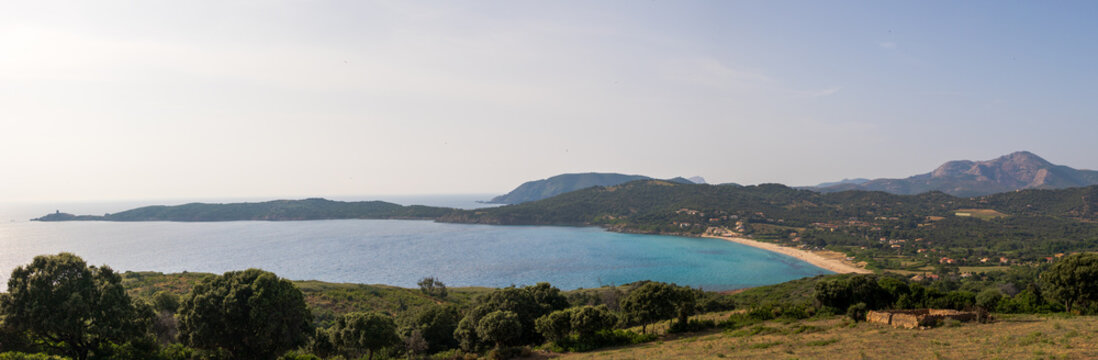 Panoramic view of Chiuni Bay and Capu Rossu near Carg&egrave;se, France, Corsica, 15 June 2025