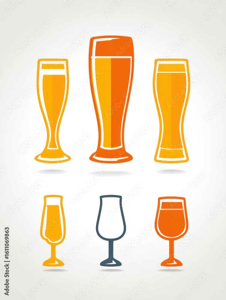 Poster minimalist icon set of beer glasses on a white background showcasing various shapes and styles in a 