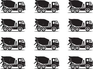 Black and White Cement Mixer Truck Icon Set Featuring Twelve Identical Side Profile Illustrations Highlighting Rotating Drum and Cab