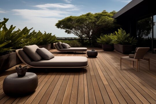 Modern sunbeds and armchairs creating a peaceful outdoor space on a wooden deck with lush greenery