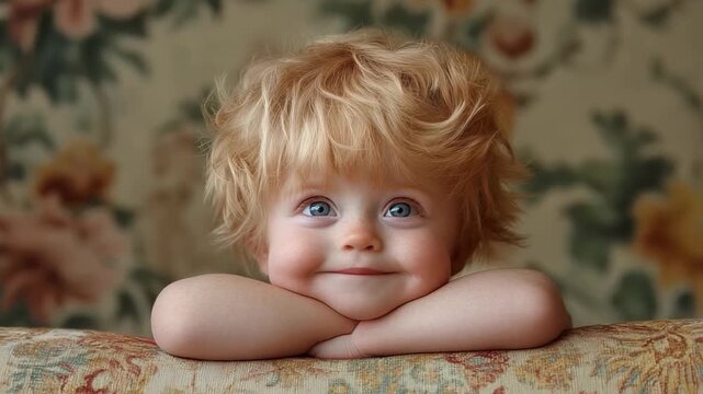 A young Caucasian child with blonde hair and bright eyes smiles joyfully, evoking innocence and joy suitable for childhood, happiness, and family themes cherubic expression