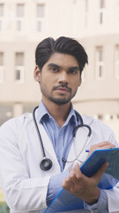 Vertical Photo of Indian Doctor Listening and Holding Report