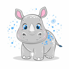 Naklejka premium Cute Rhino Illustration: A charming illustration of a delightful baby rhinoceros, full of personality with gentle eyes and playful dots. 