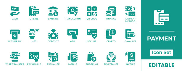 Payment Icon Set. Features editable icons of money, cards, online transfers, wallets, and transactions. Perfect for fintech, e-commerce, and banking apps.