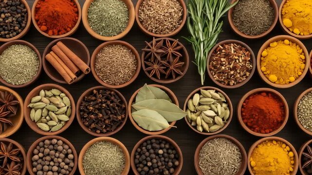 Assortment of vibrant spices and herbs in wooden bowls, culinary ingredients