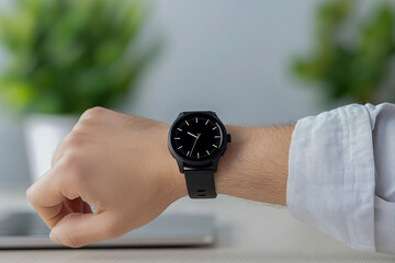 Person checking time smartwatch, showcasing modern design and functionality professional setting. focus is sleek black watch against blurred