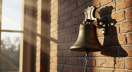 Vintage bronze bell mounted on a brick wall illuminated by sunlight shining through a window creating beautiful shadows and textures