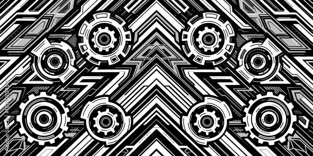 Poster intricate geometric design with gears creating visual rhythm