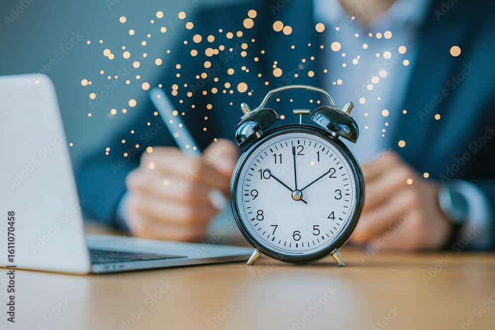 Poster employee working efficiently with clock showing time, emphasizing productivity and task completion. 