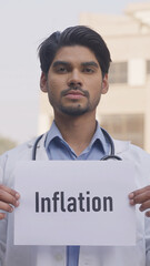 Vertical Photo of Indian Doctor Holding Inflation Poster