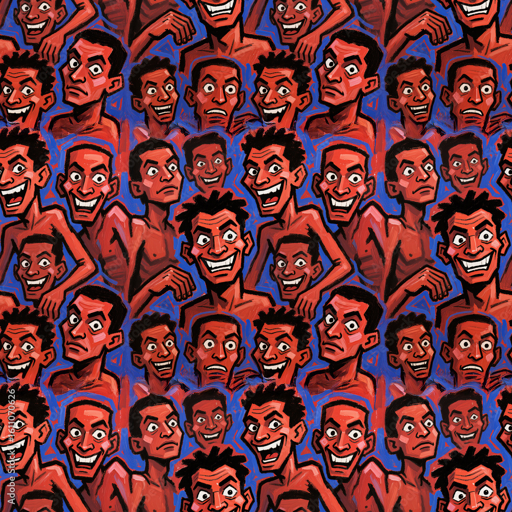 Poster vibrant patterns of expressive faces creating a lively atmosphere